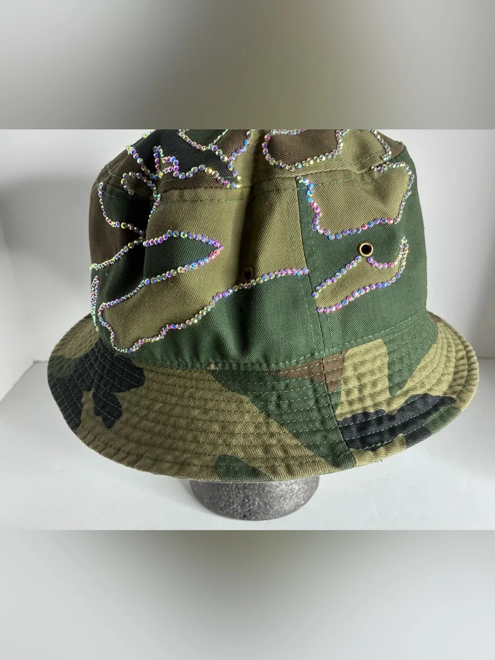 Custom Rhinestone Camouflage Bucket Hat - Green